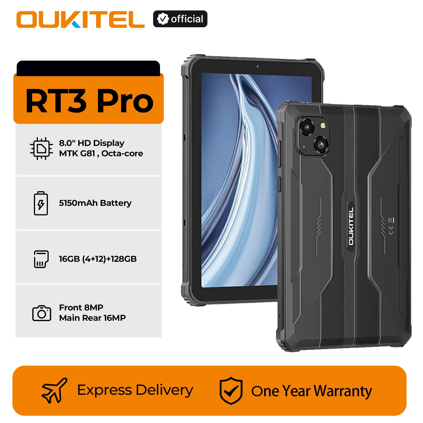 Oukitel RT3 PRO Batterie 5150mAh 16 Go + 128 Go Écran HD 8 "Profil ultra fin 13.9mm IP68 & IP69K & M