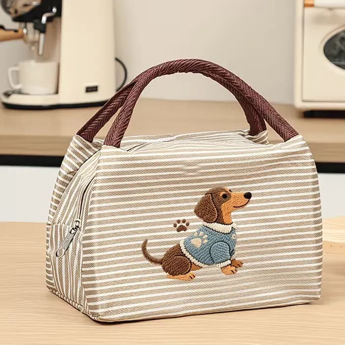 Sac fourre-tout à rayures multicolores de grande capacité avec imprimé de chiot de dessin animé mignon