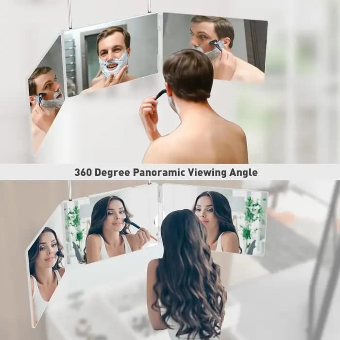 Miroir cosmétique de vanité portable à trois volets avec crochets réglables en hauteur pour un maquillage auto-coupe de cheveux pliable pour le bain et les voyages