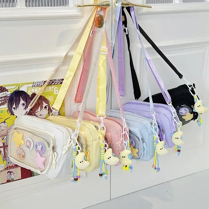 Sac bandoulière carré en nylon blanc laiteux transparent avec pendentif lune