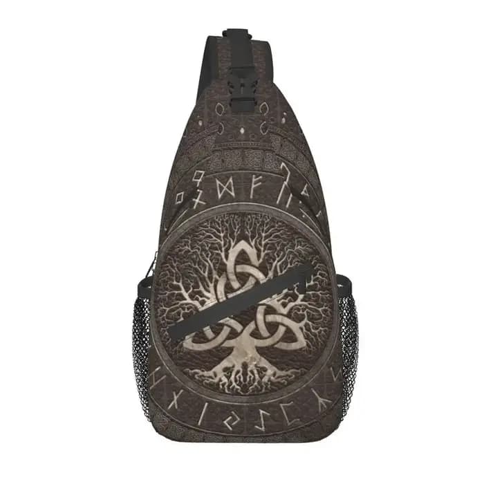Sac à dos à bandoulière en cuir marron arbre de vie avec Triquetra pour hommes, Viking Norse Yggdras