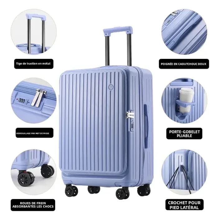 Valise extensible multifonctionnelle à ouverture frontale avec porte-gobelet