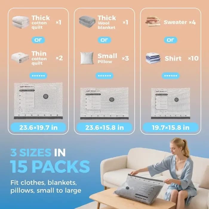 Lot de 15 sacs de compression de voyage avec pompe électrique, réutilisables, pour vêtements, bagages et literie – Optimisez l'espace