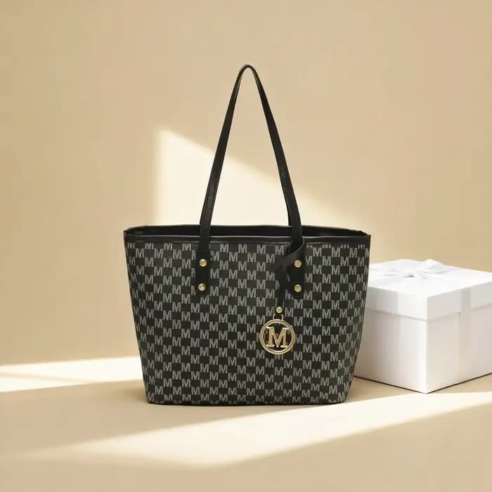 Sac fourre-tout tendance avec imprimé lettre M, pendentif lettre dorée en PU, fermeture éclair, gran