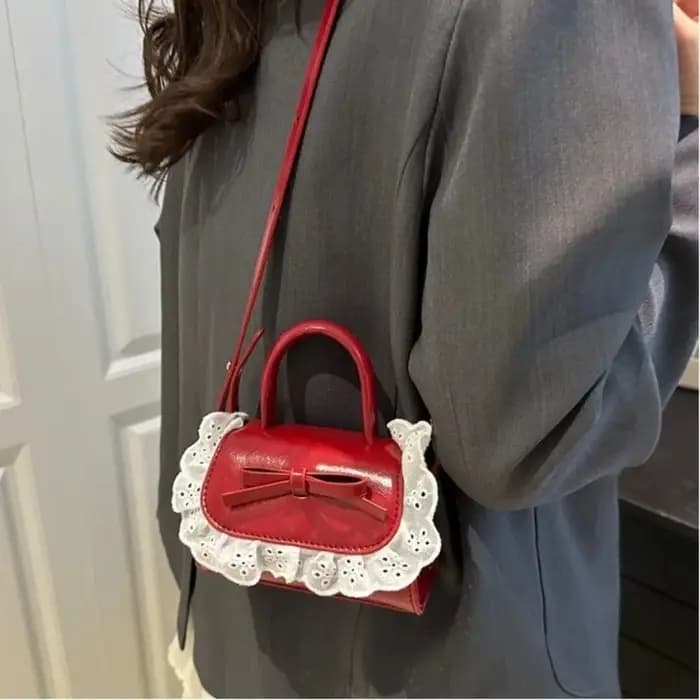 Sac bandoulière mini tendance en cuir PU avec nœud en dentelle