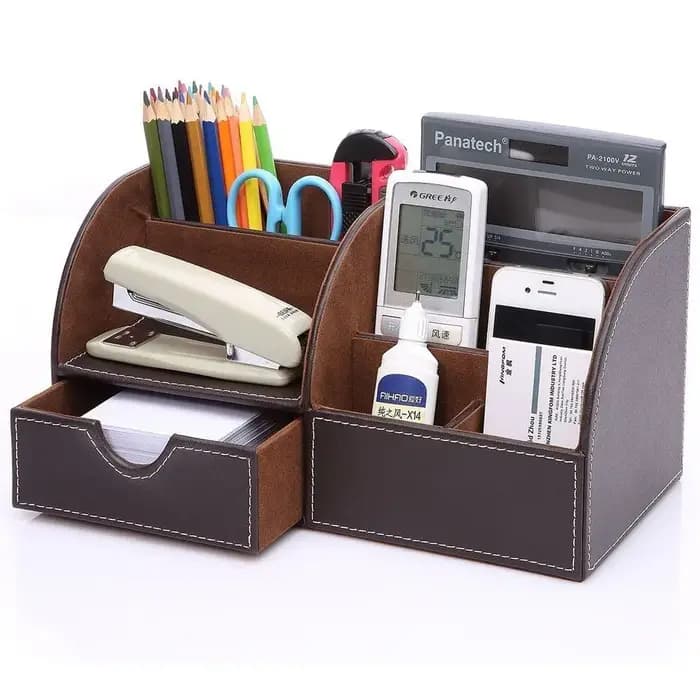 Organisateur de bureau en cuir multifonction, fournitures de bureau à domicile, boîte de rangement à 6 compartiments, Collection avec tiroir