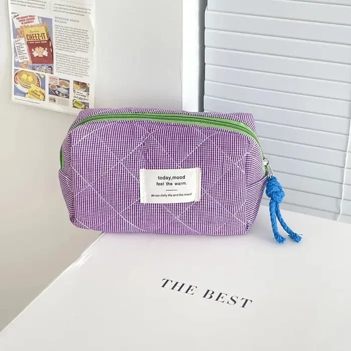 Trousse de Toilette Matelassée à Carreaux pour Filles, Pochette Rétro pour Femmes, Trousse à Crayons