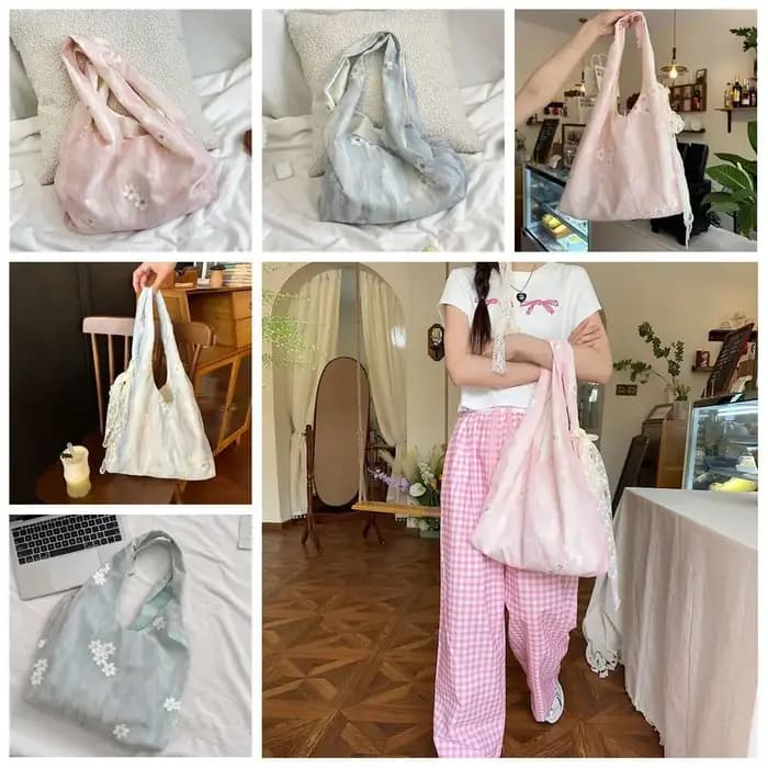 Sac fourre-tout de vacances grande capacité avec broderie florale couleur fraîche et ruban en dentelle