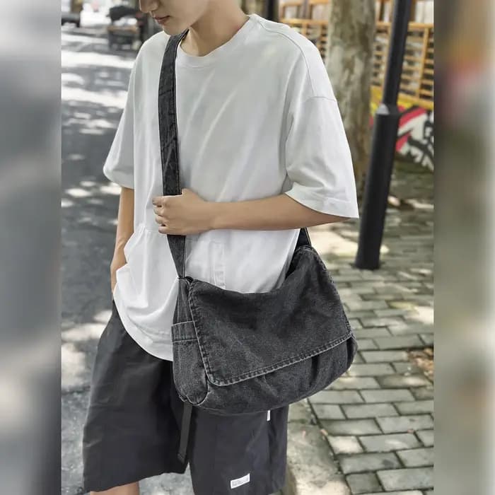 Sac bandoulière en jean délavé vintage grande capacité avec rabat