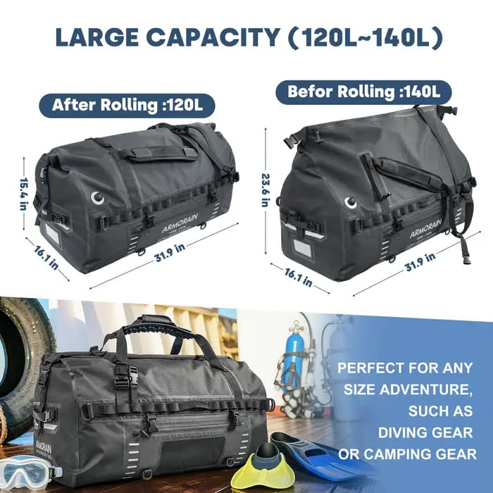Sac de voyage étanche IPX8 100L 120L grande capacité avec sangle gonflable durable pour les longs trajets