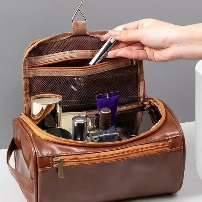 Trousse de Toilette de Voyage en Cuir PU Grande Capacité Imperméable Suspendable Organisateur Multi-couches pour Cosmétiques et Maquillage Extérieur