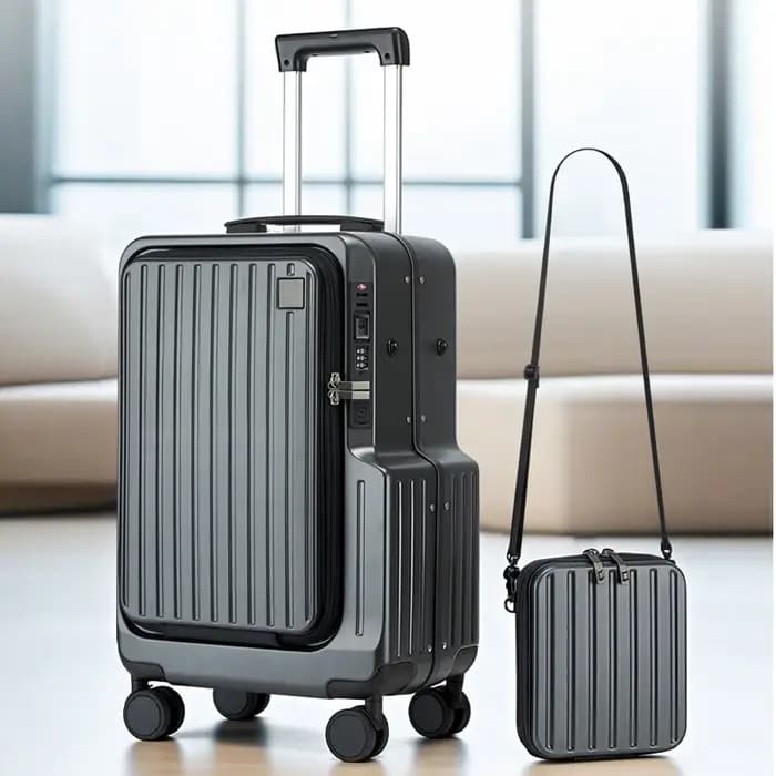 Valise à ouverture frontale en aluminium, 20 pouces, multifonctionnelle, avec petit sac bandoulière amovible