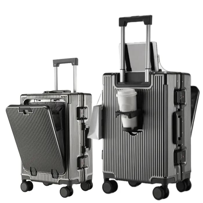 Valise à cadre en alliage d'aluminium, poche d'ouverture avant avec prise de chargement USB, sac de