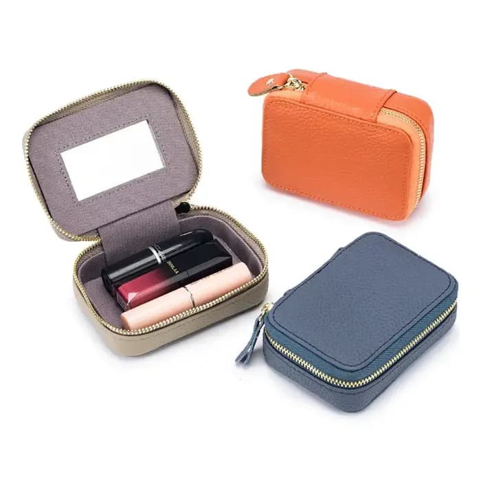 Mini sac cosmétique en cuir véritable avec tête miroir pour femme