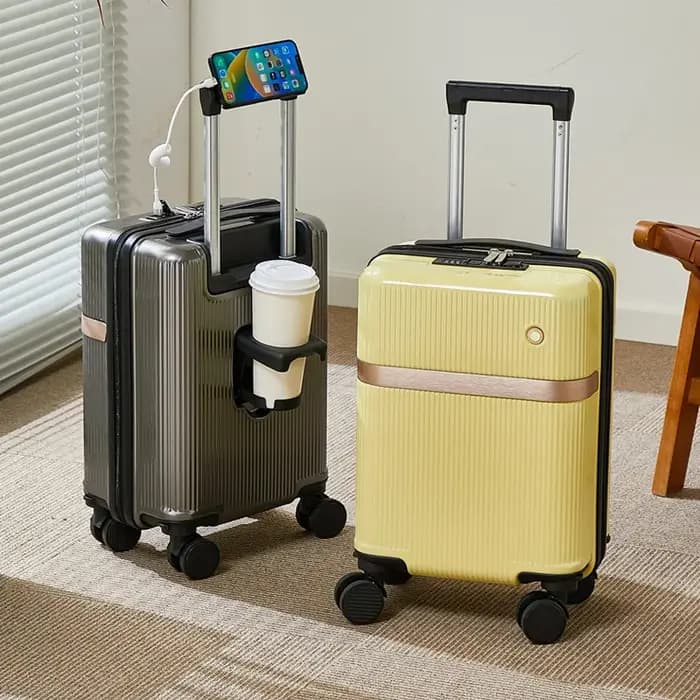 Nouveau bagage à main à la mode de 14 pouces avec taille de cabine, étui d'embarquement avec porte-gobelet/support pour téléphone portable/roues universelles amovibles/verrouillage par mot de passe/in