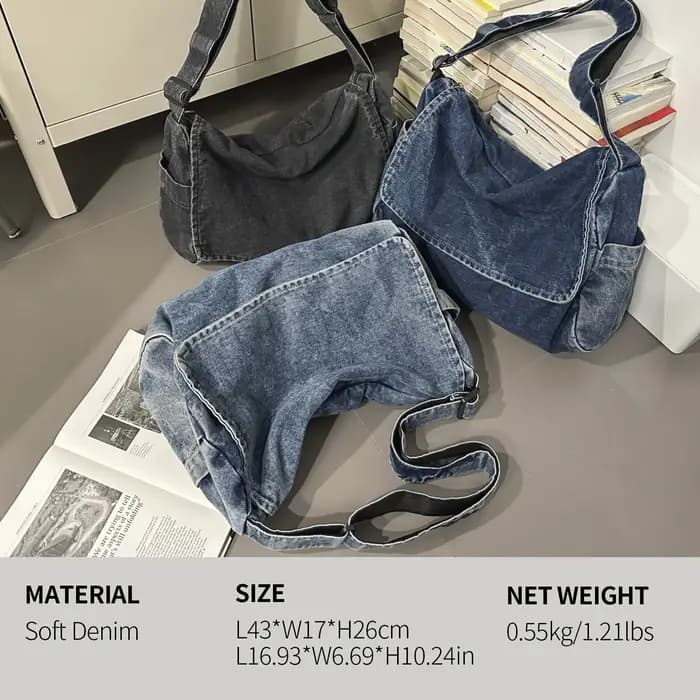 Sac bandoulière en jean délavé vintage grande capacité avec rabat