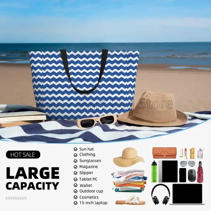 Grand sac de plage bleu rayé pour femme