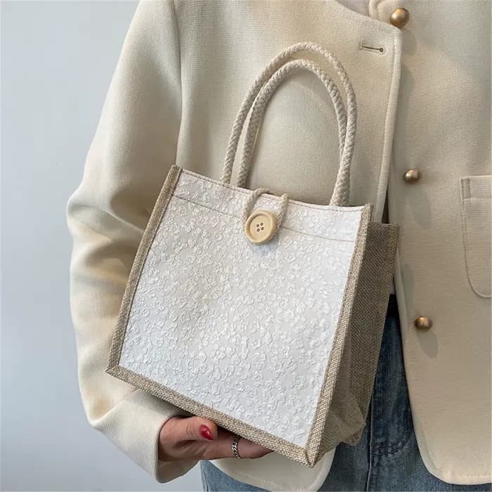 Sac à main fourre-tout en lin avec fermoir à bouton
