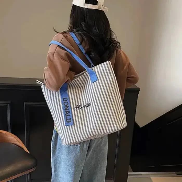 Sac fourre-tout classique en toile rayée pour femmes, sac fourre-tout décontracté, sac à bandoulière de grande capacité pour l'école et le shopping
