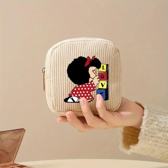 【Trousse à cosmétiques en velours côtelé】 1 pièce Cube sac de maquillage-MAFALDA motif de dessin animé petit sac de