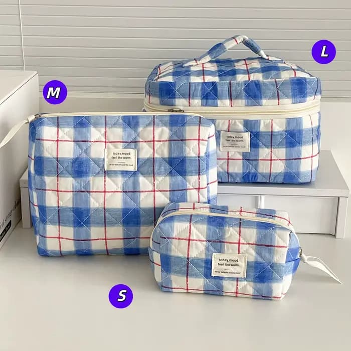 Trousse de toilette rétro polyvalente YT avec motif à carreaux rouge et bleu et nœud rose, haute val