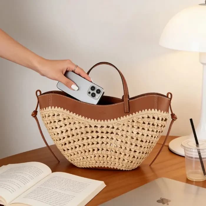 Sac fourre-tout léger en raphia et cuir PU ajouré