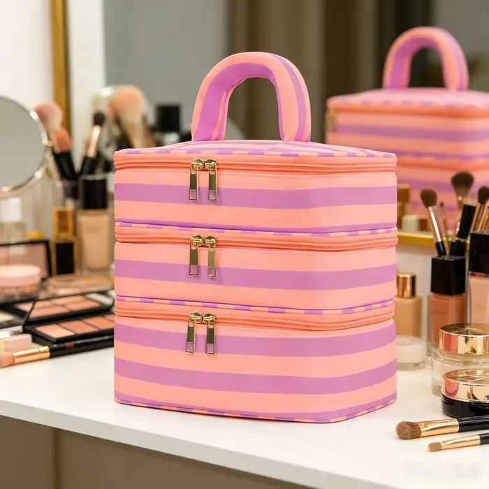 Grande trousse de maquillage à 3 couches avec poignée