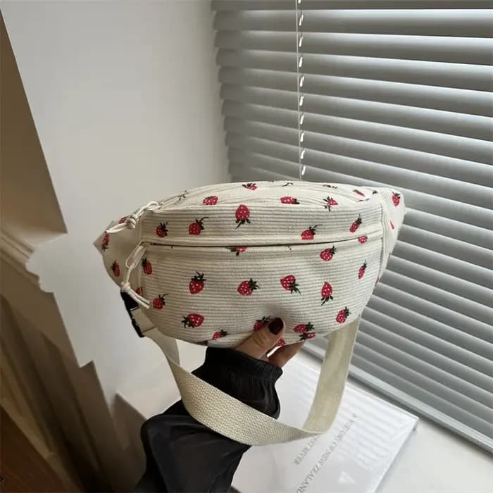 Sac de taille femmes hommes velours côtelé Fanny Pack fraises poche mode poitrine sac à main sport voyage sac