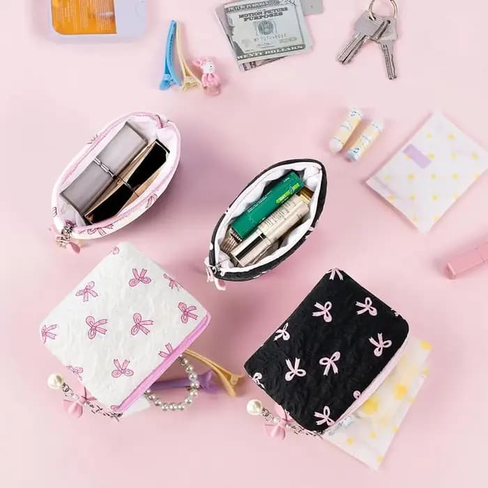 Mini trousse de maquillage Bow pour femme, sac de toilette de voyage, jolie pochette à monnaie, étui léger pour rouge à lèvres, sac de rangement gaufré