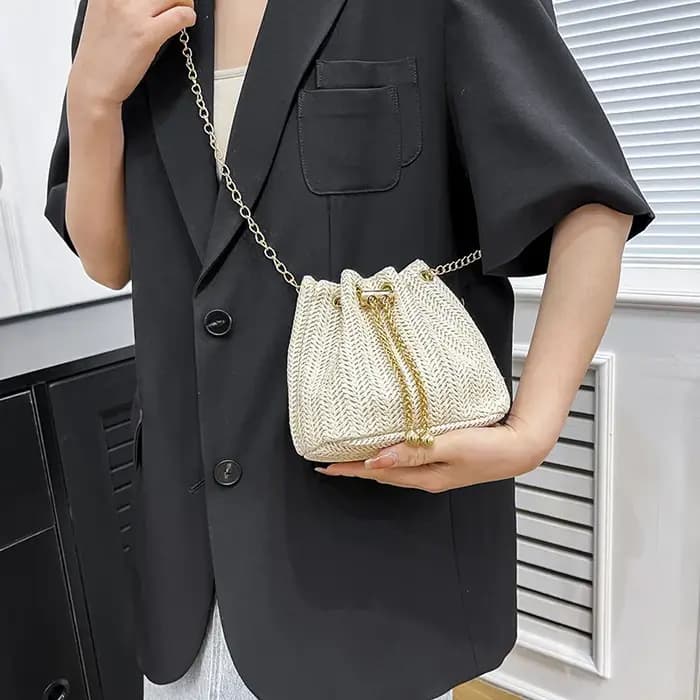JOinitied-Sac messager beige en paille tressée pour femme
