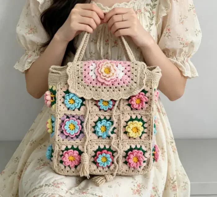 Sac à dos en laine crochetée fait main avec des motifs de cerises