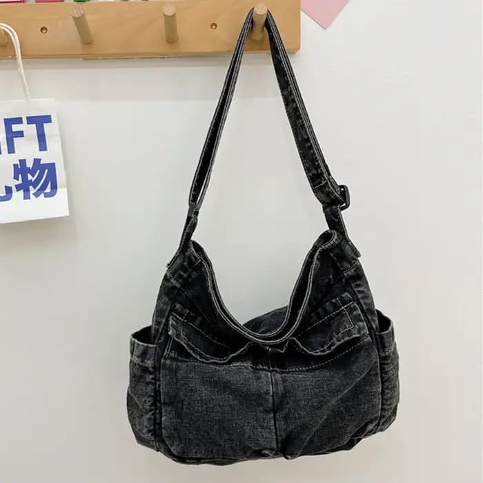 Sac messager vintage en denim de grande capacité pour femme, sacoche décontractée, sangle réglable,