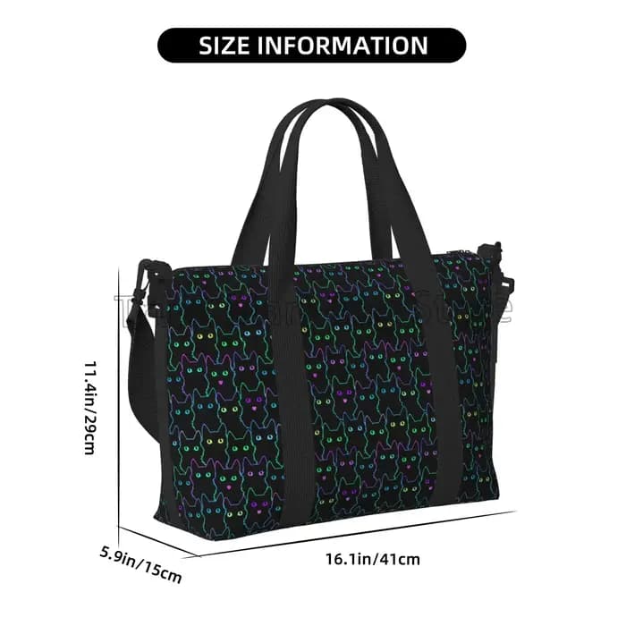 Sac polochon de voyage avec chats noirs de dessin animé mignon, sac de week-end personnalisé avec bandoulière, sacs de sport, de sport, de nuit pour femmes