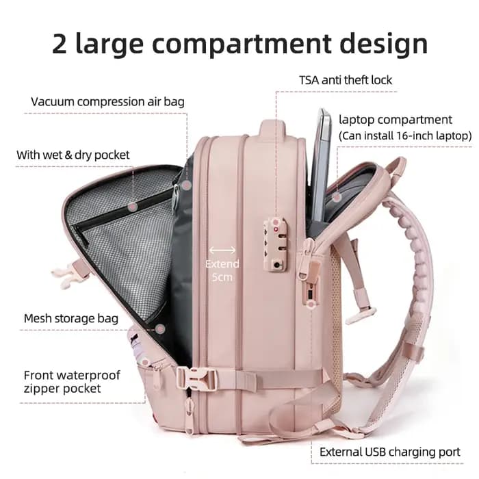 Voyage femmes sac à dos 16 pouces compression sous vide sac à dos pour ordinateur portable USB charge école sac à dos étendu randonnée en plein air sac à dos