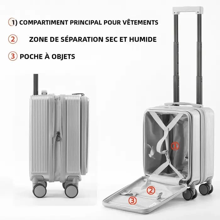 Bagage à main extensible de 16 pouces, valise à ouverture frontale, grand compartiment profond, organisateur humide/sec ABS + PC 360 ° Roues à rotation silencieuses