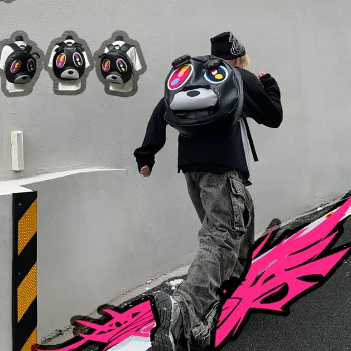Original Spoof Kanye West abandonné ours noir Pu cuir sac à dos grande capacité sac d'école Couple dessin animé sac à dos
