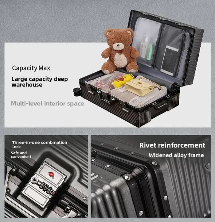 Valise Wolverine, une valise rigide avec 108 rivets, taille 20-28 pouces, dotée de roues silencieuses tout-terrain et d'un porte-gobelet.