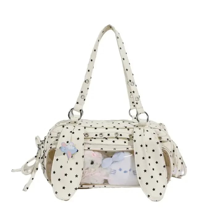Sac Boston à pois avec oreilles de lapin mignonnes, sac à main polyvalent à poignée supérieure et ba