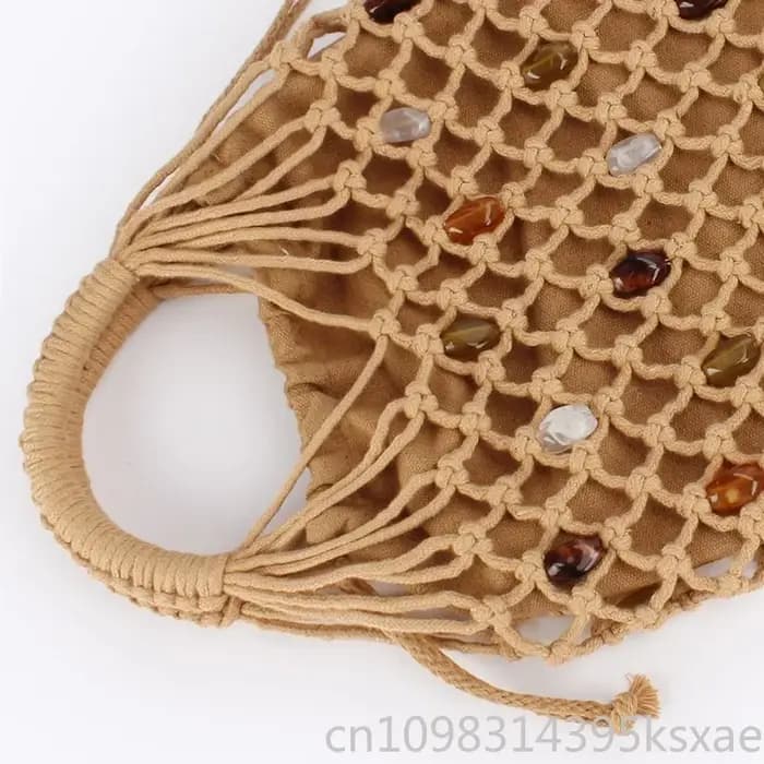 Sac fourre-tout tressé fait main pour femme avec franges à pampilles et détails perlés, style bohème, pour l'été, la plage et le quotidien