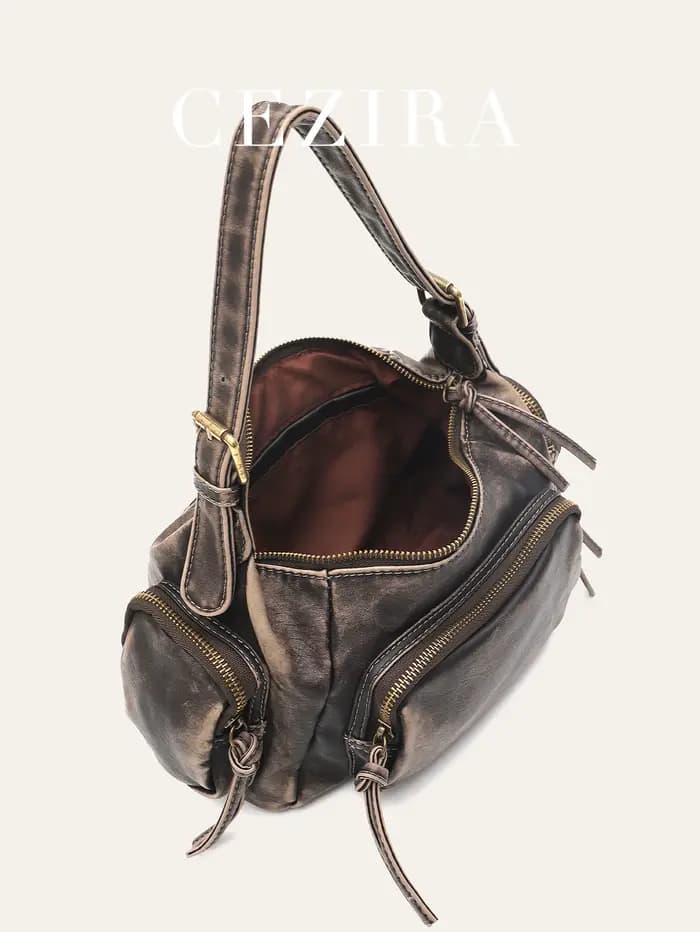 Femmes rétro Cool Preppy Street Style sac à bandoulière lavé PU cuir végétalien Vintage fonctionnel pratique