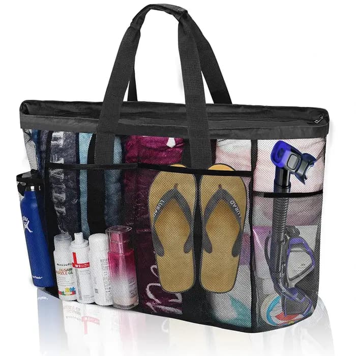 Grand sac de plage en maille avec fermeture éclair et poche