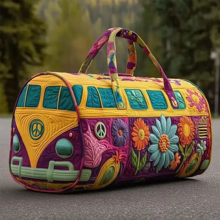 Sac de voyage matelassé en polyester style bohème hippie avec imprimé champignons et grenouilles pour week-end et voyage léger