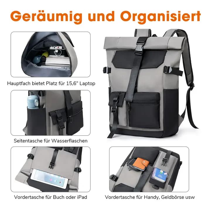 Sac à dos de voyage 20L/26L léger à fermeture roll-top pour femmes et hommes, sac d'école antivol po