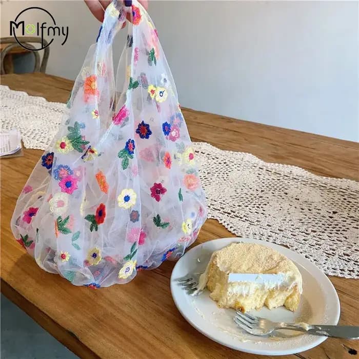 InjMesh-Sac fourre-tout brodé de fleurs pour femmes