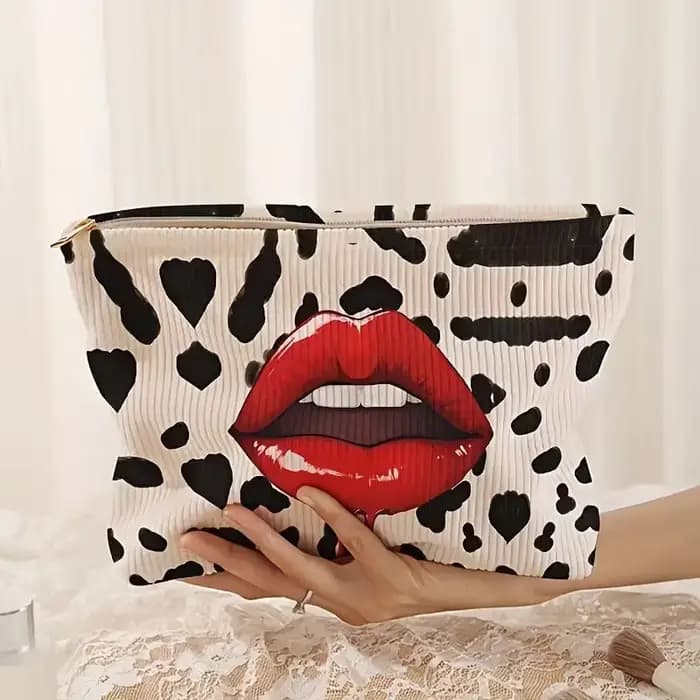 Pochette à maquillage en velours côtelé rouge – Organisateur de cosmétiques avec motifs cœur et baiser audacieux