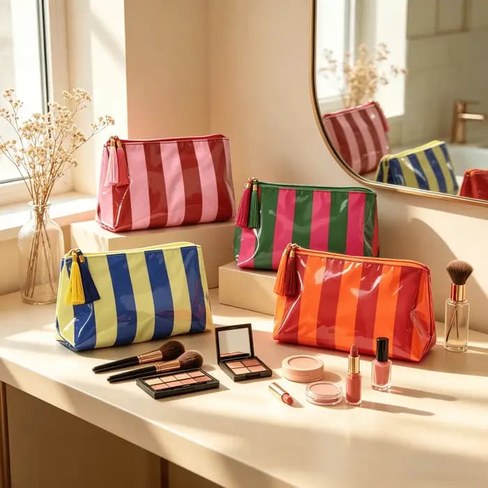 Pochette à maquillage brillante en PU avec fermeture éclair et pompon. Sac de voyage portable multi-couleurs à rayures