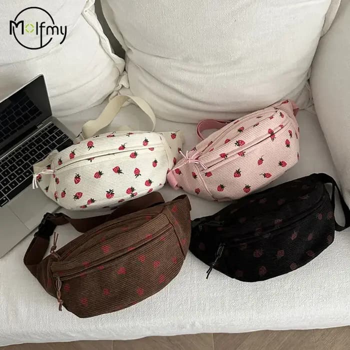 Sac de taille femmes hommes velours côtelé Fanny Pack fraises poche mode poitrine sac à main sport voyage sac