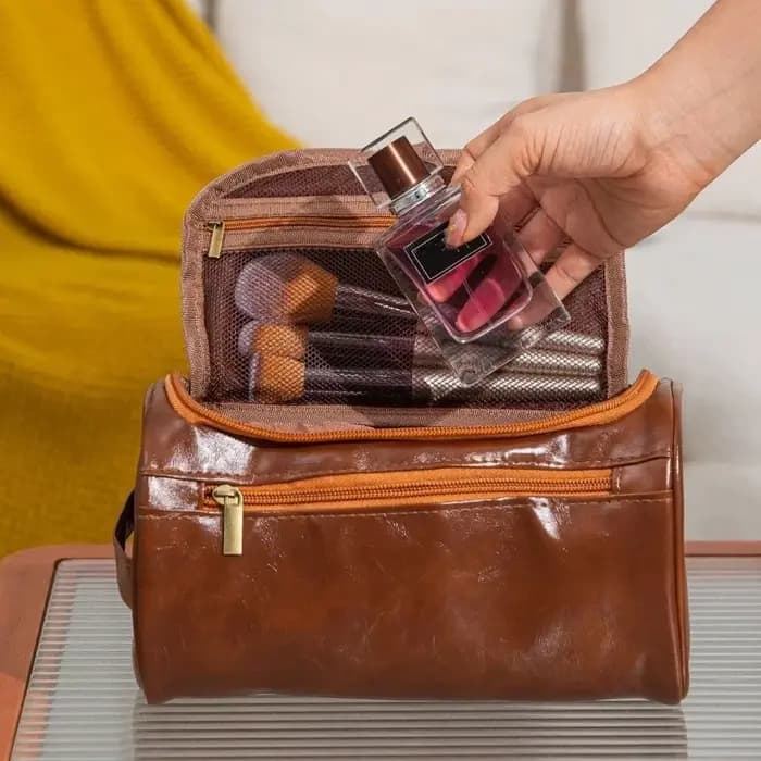 Trousse de Toilette de Voyage en Cuir PU Grande Capacité Imperméable Suspendable Organisateur Multi-couches pour Cosmétiques et Maquillage Extérieur