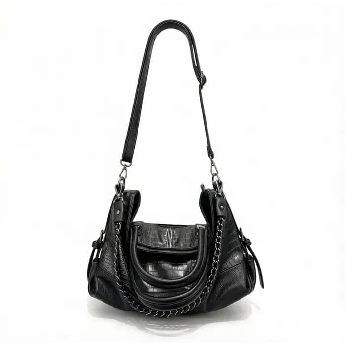 Sac à bandoulière en cuir PU vintage à texture croco, grand sac fourre-tout pour femme, sac à main avec chaîne décorative pour le travail et les trajets quotidiens