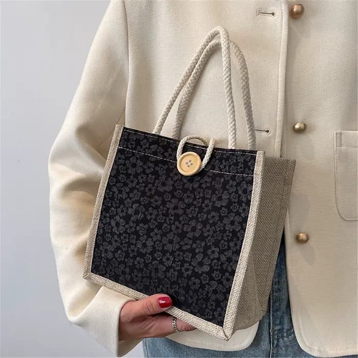 Sac à main fourre-tout en lin avec fermoir à bouton